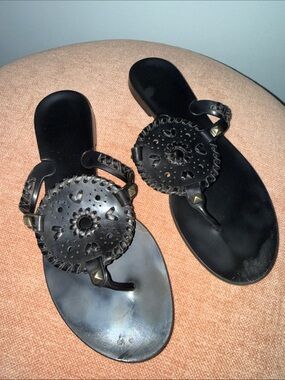 Jack Rogers Black Leather Medallion Thong Sandals